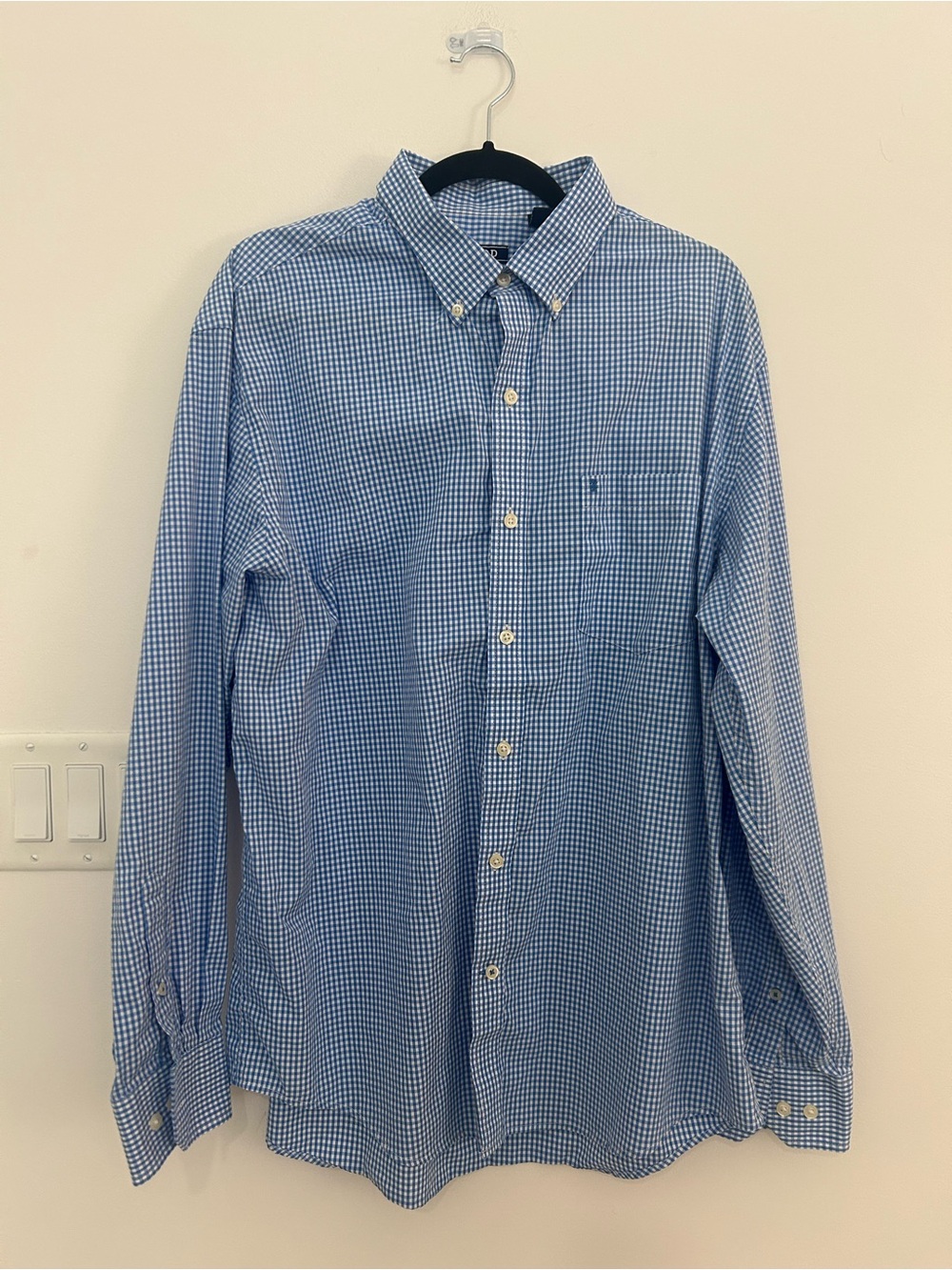 IZOD Premium Essentials Mens L Blue White Gingham Check Button Down 100% Cotton